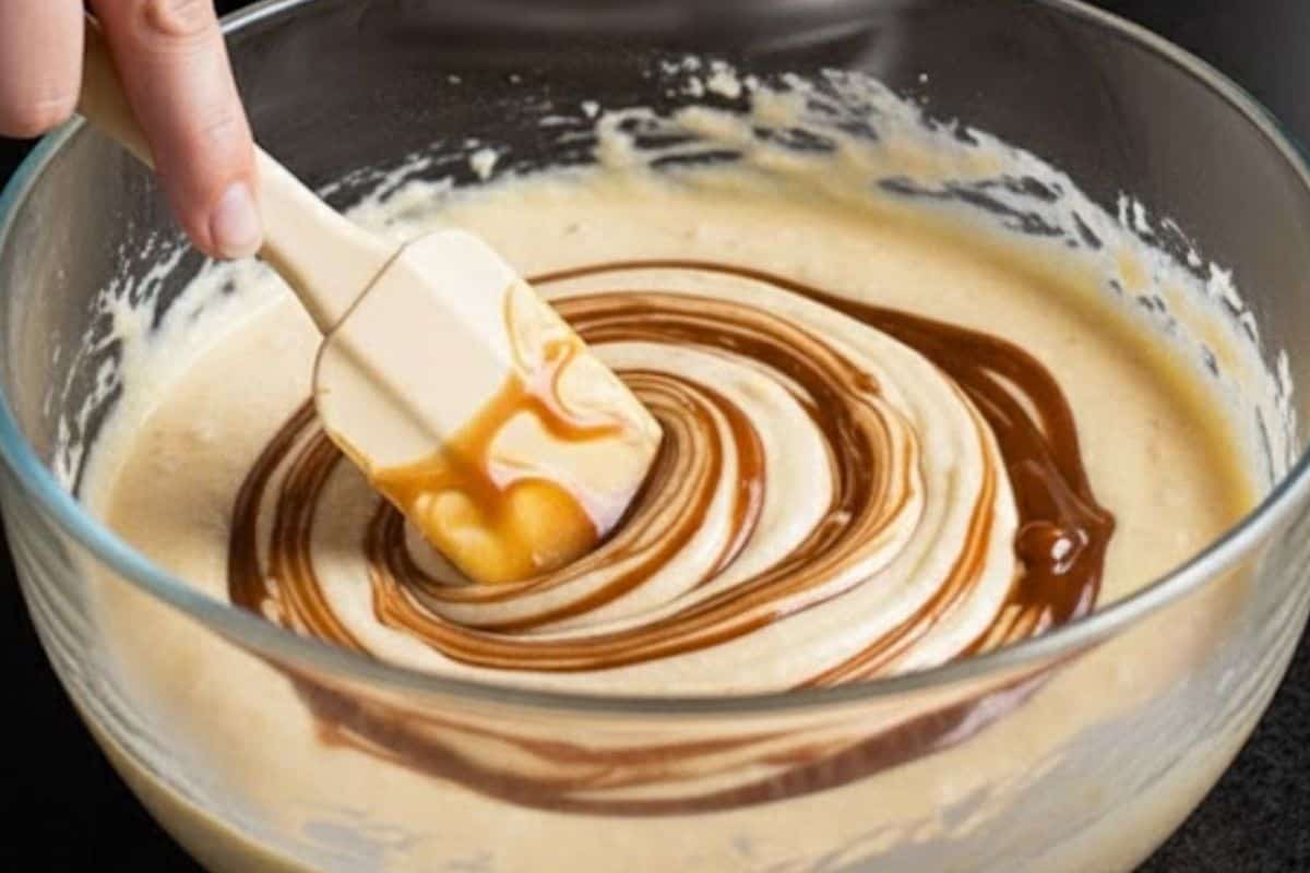 Add the flour and salt, mixing just until combined. Gently fold in the caramel sauce