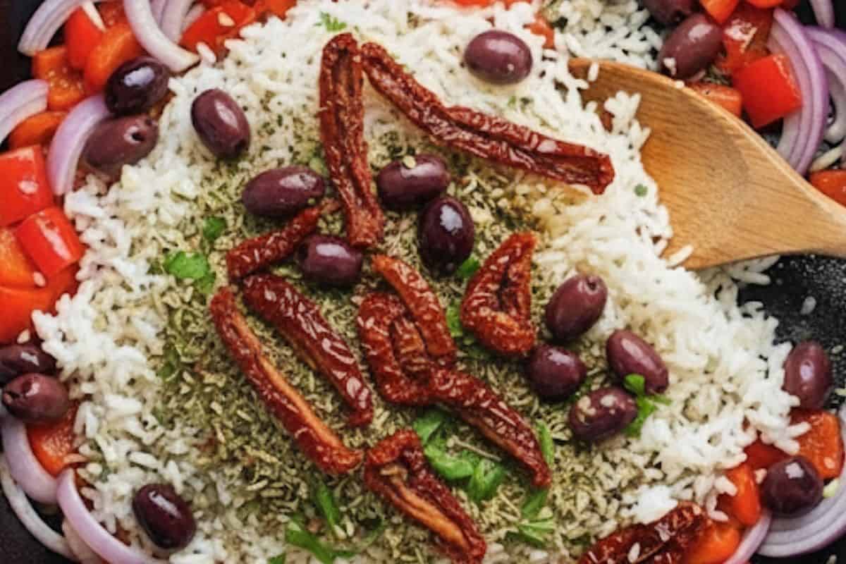 Remove chicken from the pan and set aside. Stir in olives, sun-dried tomatoes, dried basil, oregano, parsley, and rice.