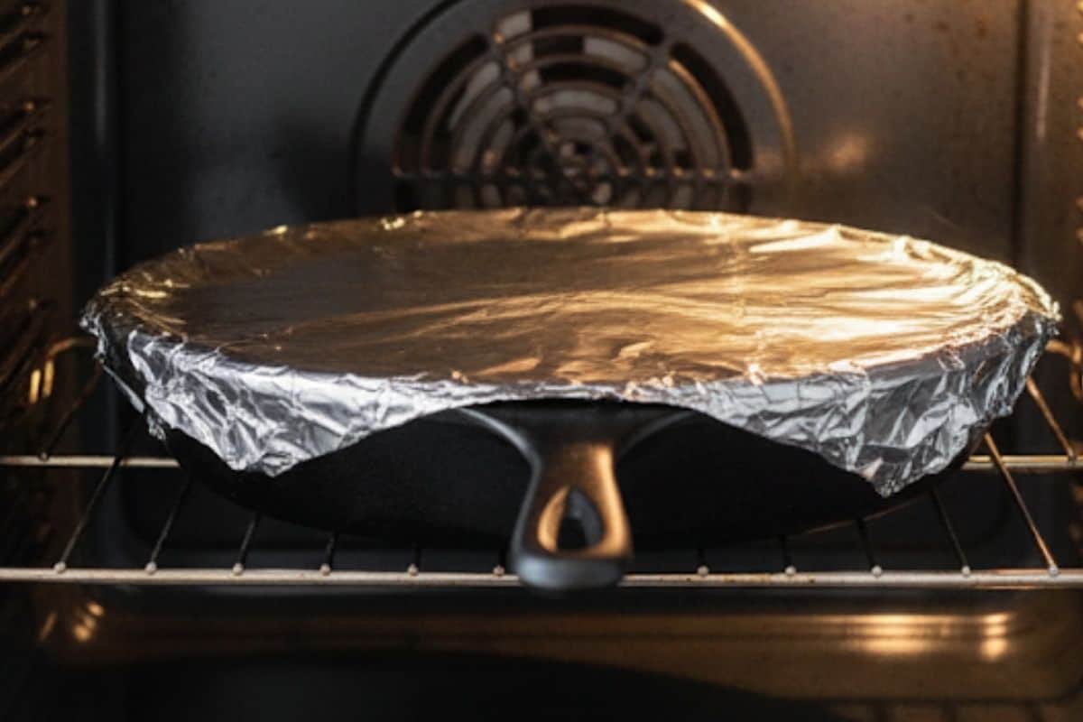 Cover the skillet tightly with foil and place in the oven and bake for about 40 minutes.