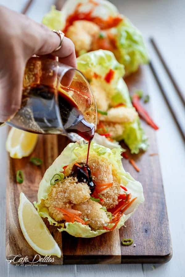 Oven Fried Tempura Batter Shrimp Lettuce Wraps with Teriyaki Sauce | https://cafedelites.com