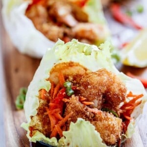 Oven Fried Tempura Batter Shrimp Lettuce Wraps with a Teriyaki Sauce on a tray