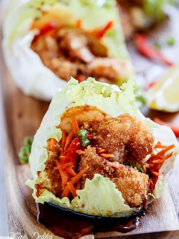 Zoom in image of Oven Fried Tempura Batter Shrimp Lettuce Wraps with Teriyaki Sauce