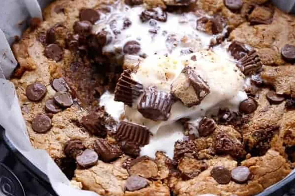 Close-up shot of Peanut Butter Chocolate Skillet Cookie. - 8