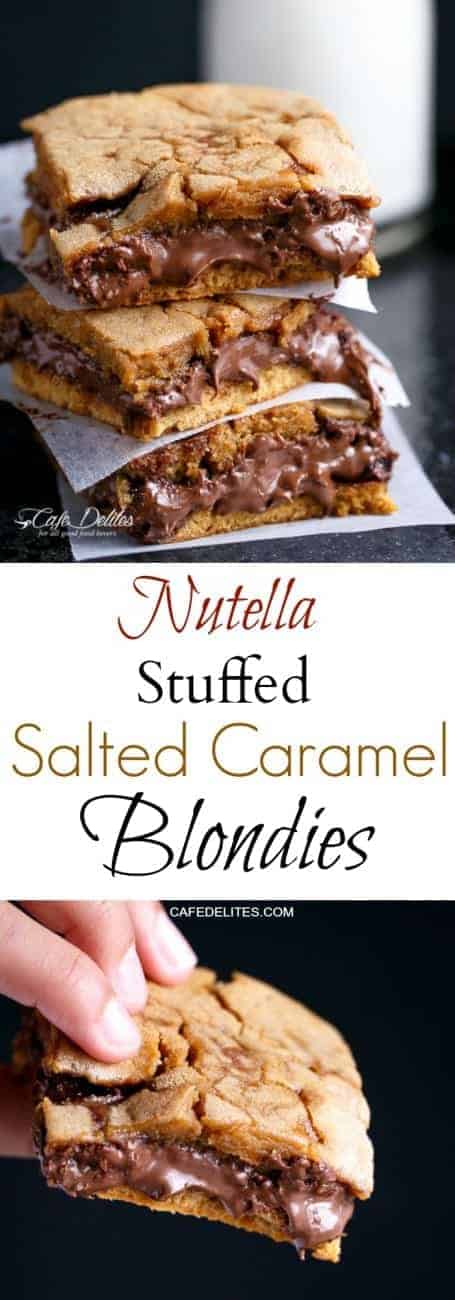 Nutella Stuffed Salted Caramel Blondies | https://cafedelites.com
