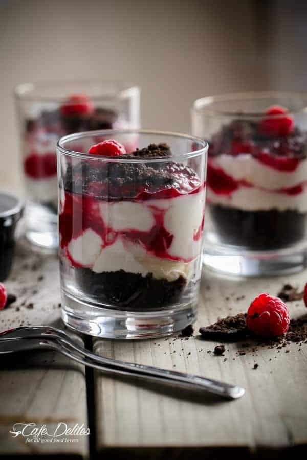 Raspberry Oreo No Bake Cheesecake Parfaits in a glass