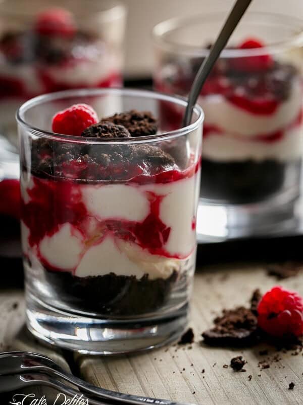 Raspberry Oreo No Bake Cheesecake Parfaits in a glass