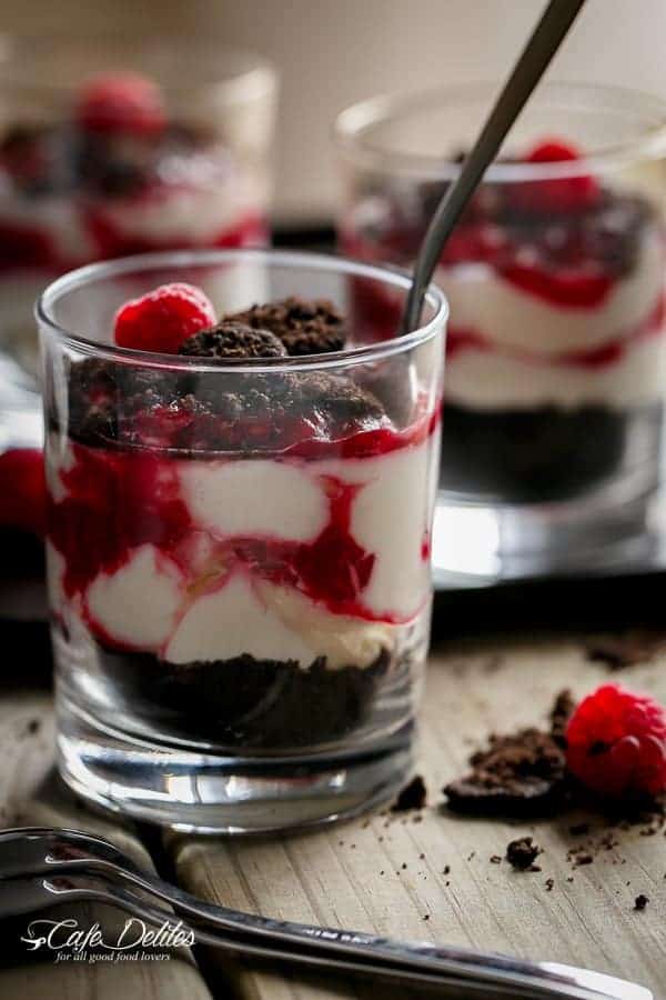 Raspberry Oreo No Bake Cheesecake Parfaits in a glass