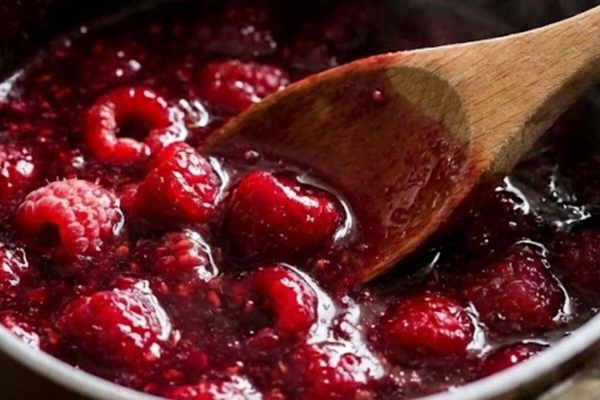 Simmer raspberries, sugar, and water in a saucepan until the berries break down - 3