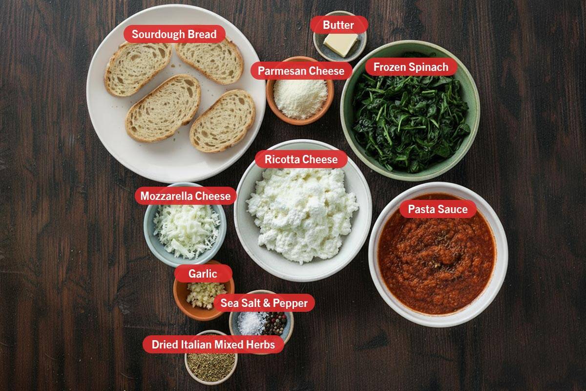Top shot of ingredients: Sourdough Bread, parmesan cheese, butter, frozen spinach, ricotta cheese, pasta sauce, mozzarella cheese, garlic, sea salt and pepper, and dried Italian mixed herbs.