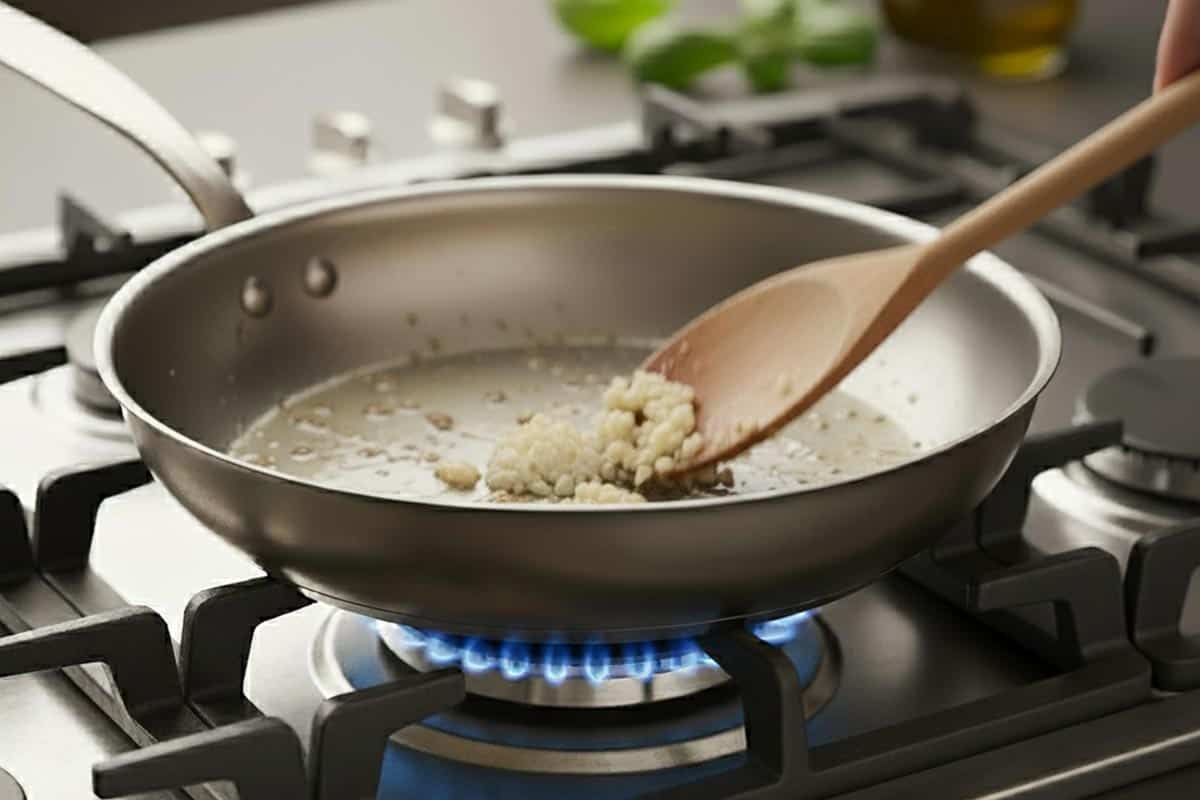 Frying the garlic in a pan.