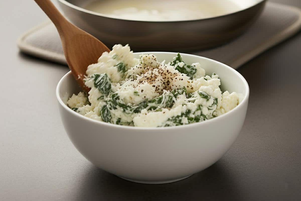 Mixed the ricotta cheese, spinach, parmesan, salt, pepper, and herbs to the bowl.