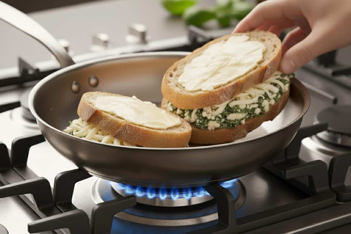 Placing the sandwich in the pan.
