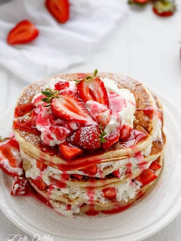 Strawberry Shortcake Greek Yogurt Pancakes on a plate