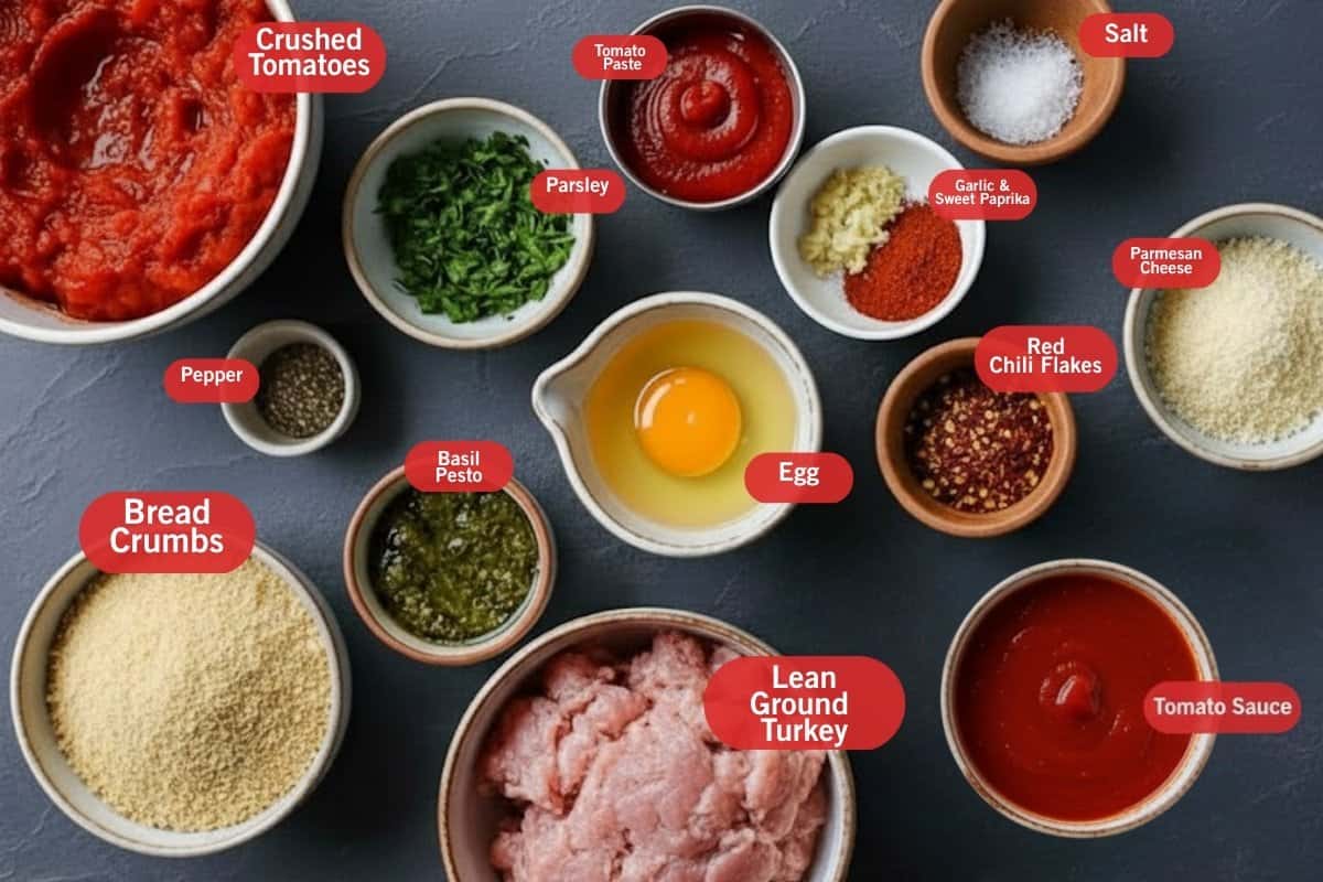 Flat lay photo of ingredient shot, crushed tomatoes, parsley, Passata, salt and pepper, red chili flakes, garlic and sweet paprika, tomato paste, breadcrumbs, lean ground turkey, basil pesto - 2