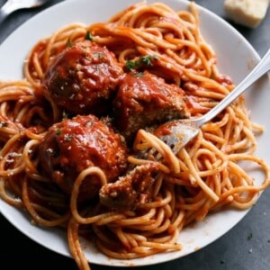 Turkey Pesto and Garlic Meatballs with noodles on a plate