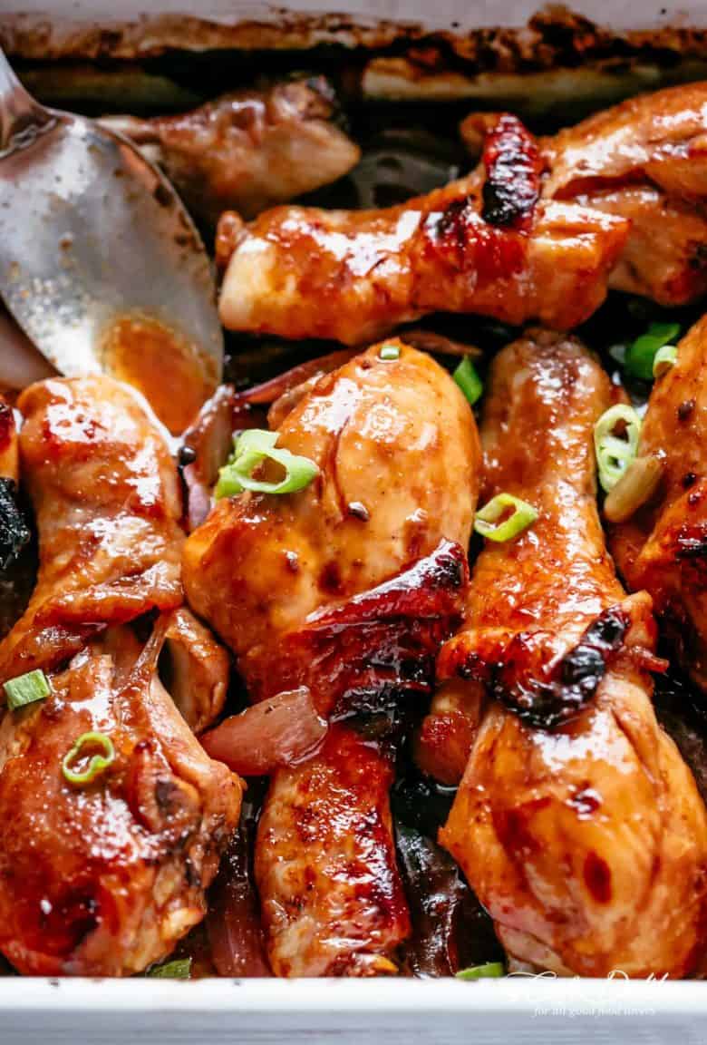 Oven Baked Barbecue Soy Chicken Drumsticks are so quick & simple to make! Baked in a 3 ingredient sauce packed with so much flavour, this chicken is a hit! Ready and on the table in minutes! NO MARINATING | https://cafedelites.com