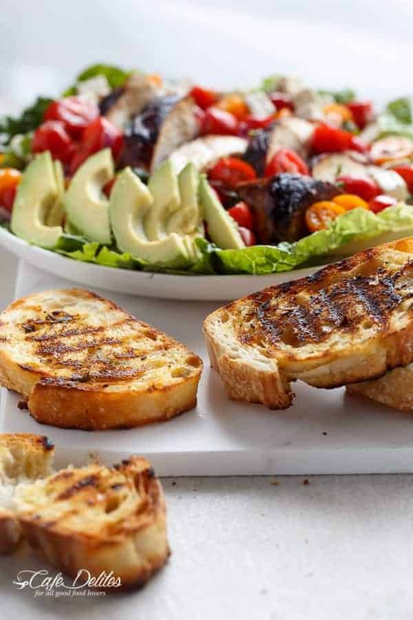 Grilled Balsamic Chicken and Avocado Bruschetta Salad | https://cafedelites.com