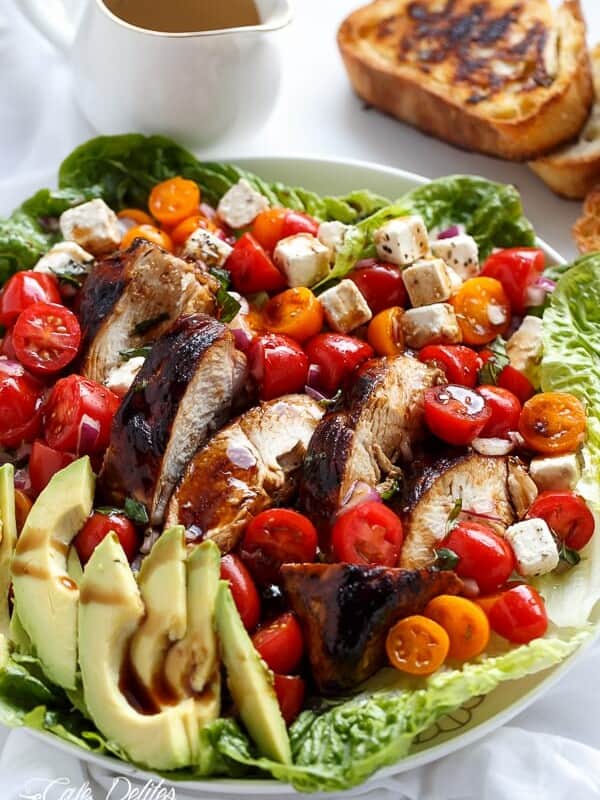 Grilled Balsamic Chicken and Avocado Bruschetta Salad on a platter