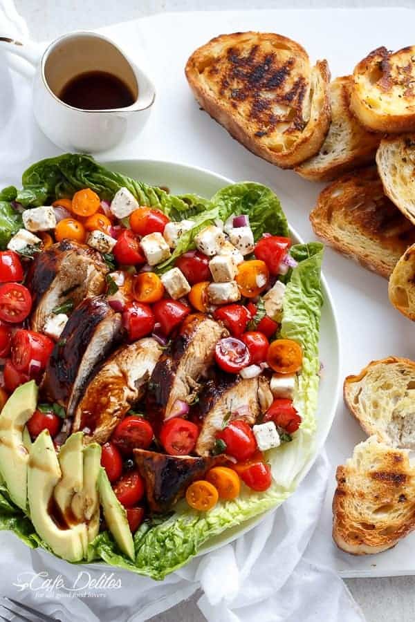 Grilled Balsamic Chicken and Avocado Bruschetta Salad | https://cafedelites.com