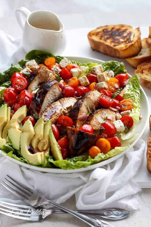 Grilled Balsamic Chicken and Avocado Bruschetta Salad | https://cafedelites.com