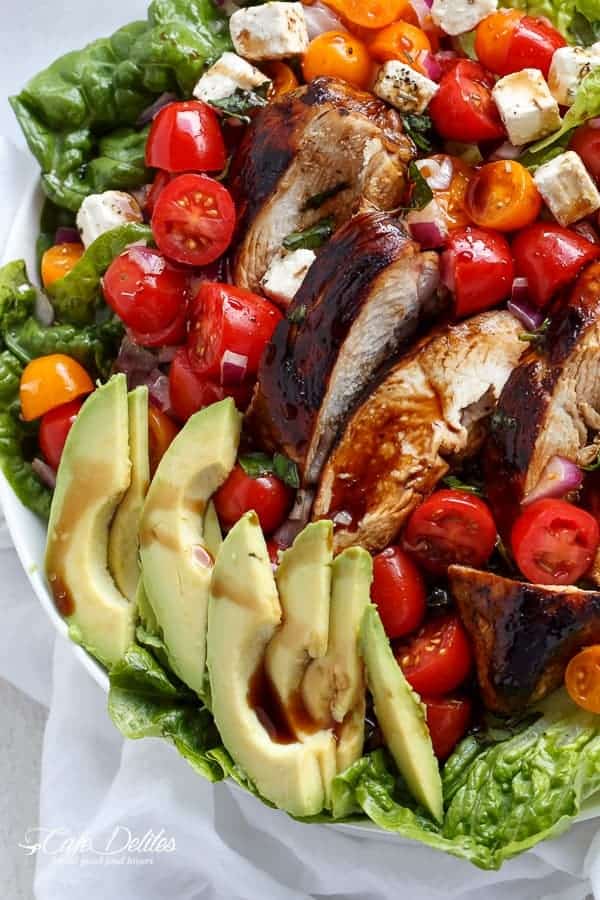 Grilled Balsamic Chicken and Avocado Bruschetta Salad | https://cafedelites.com