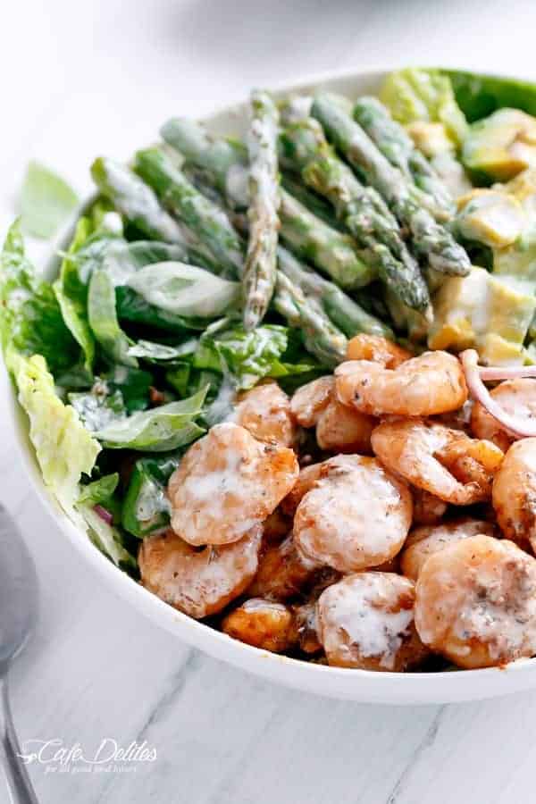 Blackened Shrimp, Asparagus and Avocado Salad with Lemon Pepper Yogurt Dressing | https://cafedelites.com
