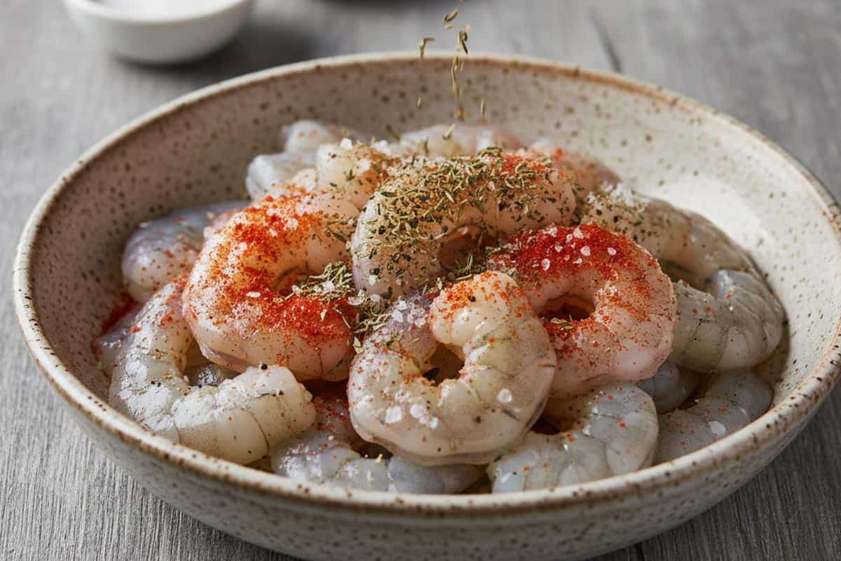Combining shrimp with the garlic, basil, thyme, salt, black pepper, cayenne, and paprika in a shallow bowl. - 3