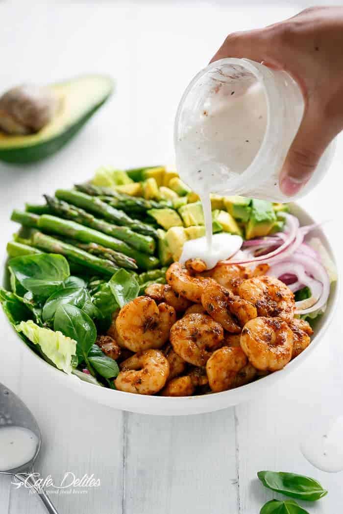 Blackened Shrimp, Asparagus and Avocado Salad | https://cafedelites.com