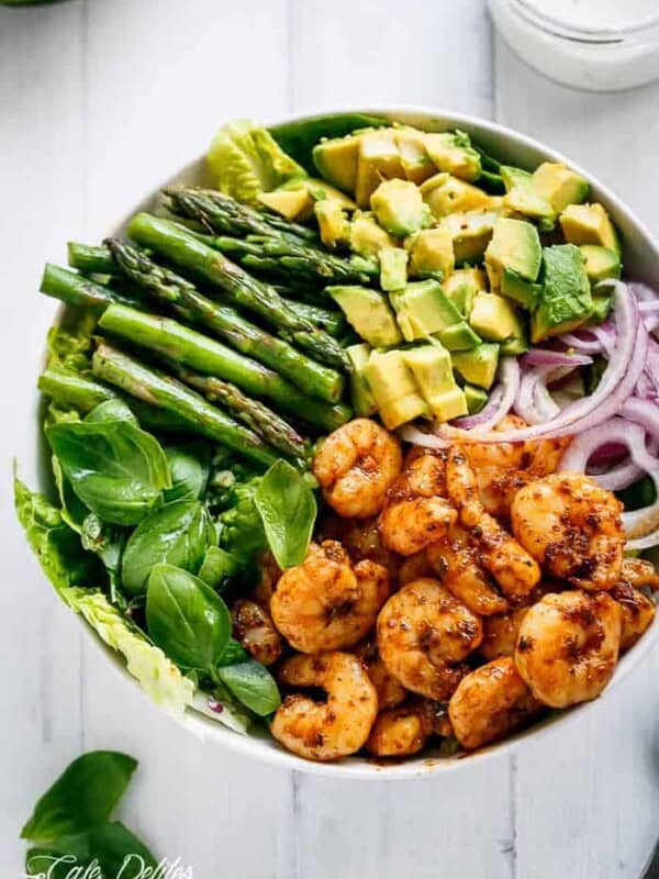 Blackened Shrimp, Asparagus and Avocado Salad with Lemon Pepper Yogurt Dressing in a bowl