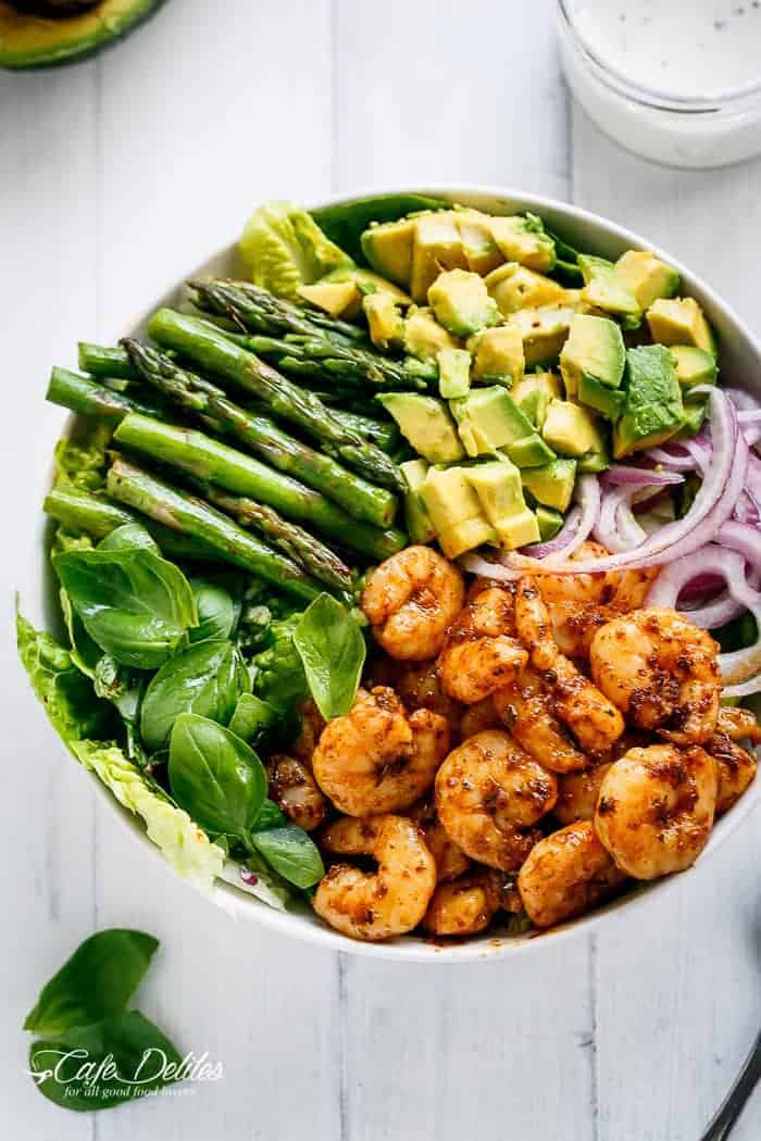 Blackened Shrimp, Asparagus and Avocado Salad with Lemon Pepper Yogurt Dressing | https://cafedelites.com