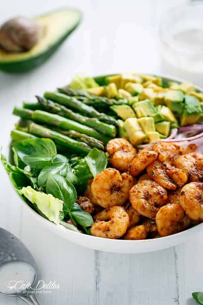 Blackened Shrimp, Asparagus and Avocado Salad with Lemon Pepper Yogurt Dressing | https://cafedelites.com