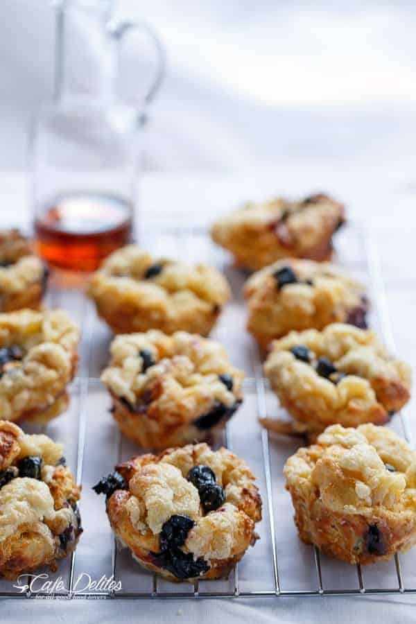 Blueberry Cheesecake Streusel French Toast Muffins | https://cafedelites.com