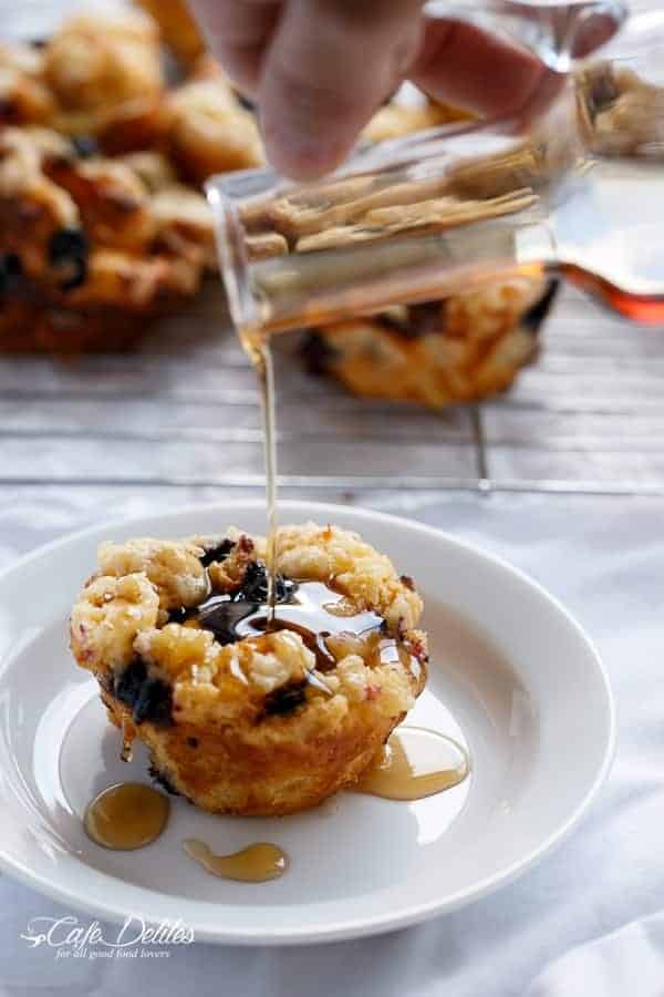 Blueberry Cheesecake Streusel French Toast Muffins | https://cafedelites.com