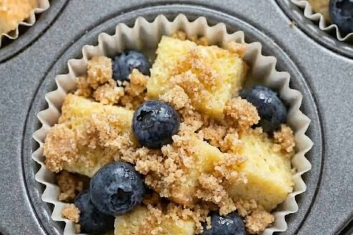 Mix the sugar and flour in a bowl, then cut in the cold butter with a fork until crumbly. Sprinkle the streusel evenly over each muffin - 9