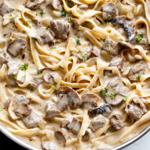 Creamy Beef and Mushroom Stroganoff is ready and on the table in less than  Creamy Beef and Mushroom Stroganoff