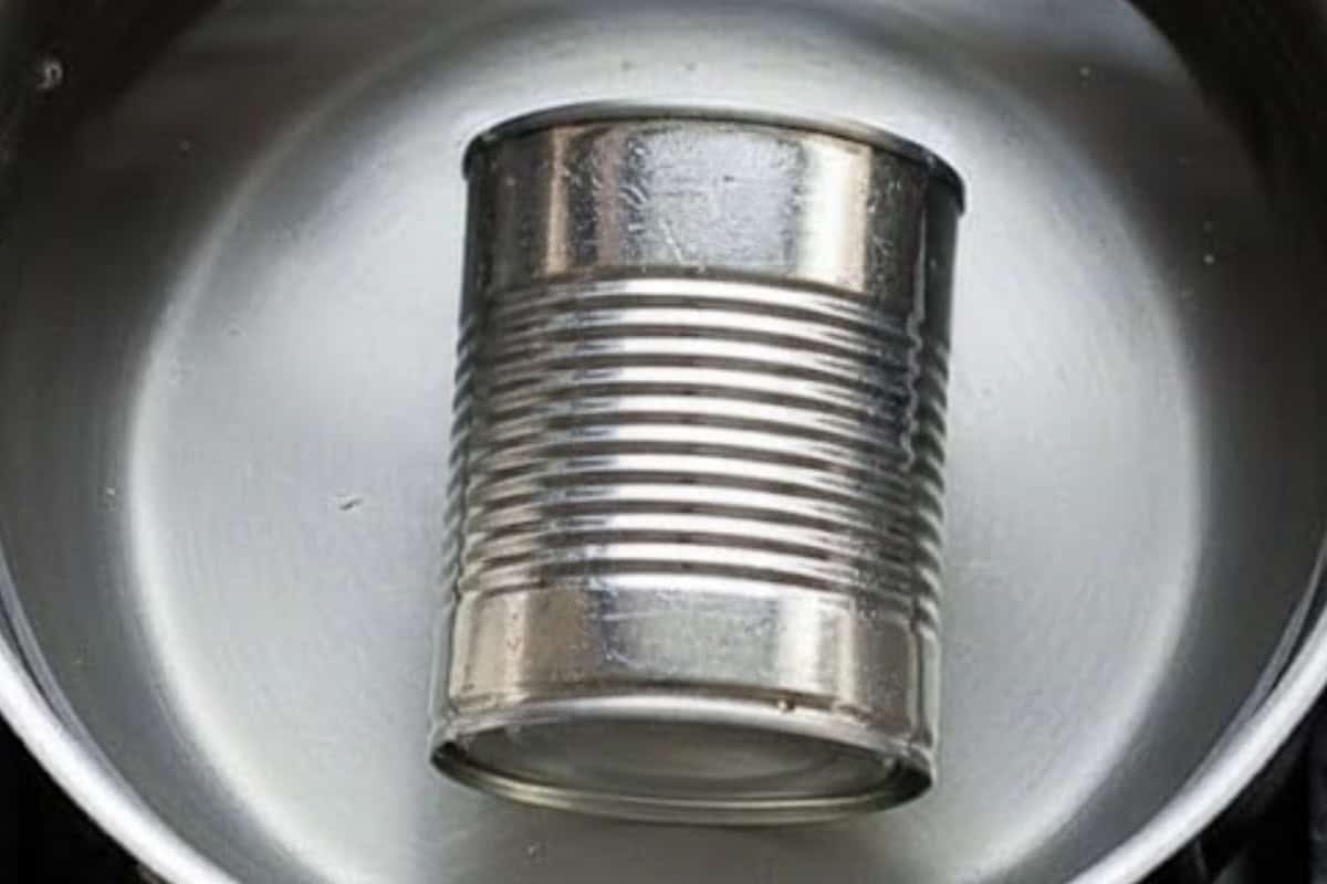 Remove the label from the can of condensed milk and place it in a large saucepan. Cover with water. - 3