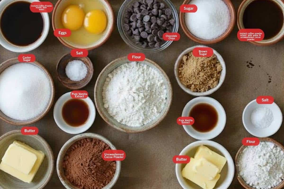 Flat lay photo of ingredient shot of instant coffee powder mixed with water, eggs, chocolate chips, sugar,  caster sugar, flour, salt, pure vanilla extract, butter, unsweetened cocoa powder, instant coffee mixed with unsweetened coca powder and water, brown sugar) - 2