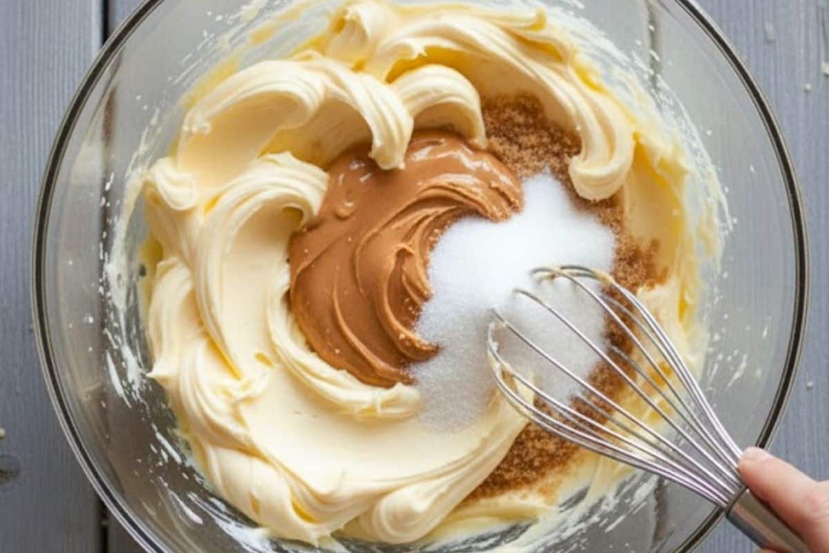 Whisk the butter with sugars until creamy, then mix in the peanut butter. - 4