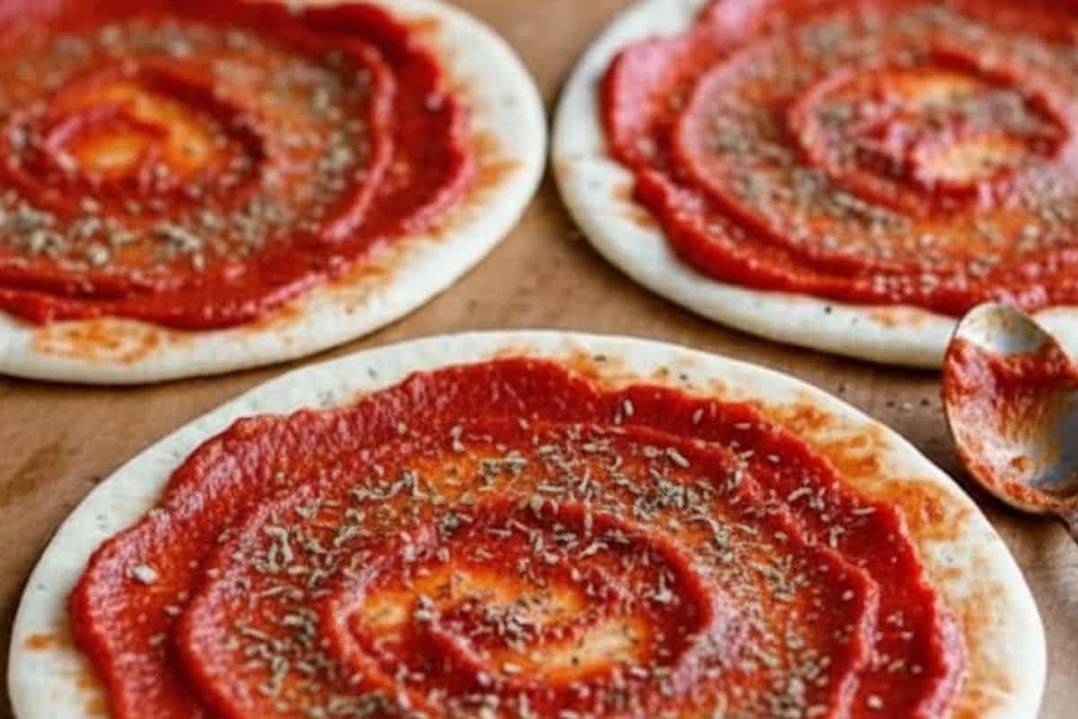 Lay all the bases and spread each one with tomato paste and capsicum paste, then sprinkle with Italian herbs. - 4