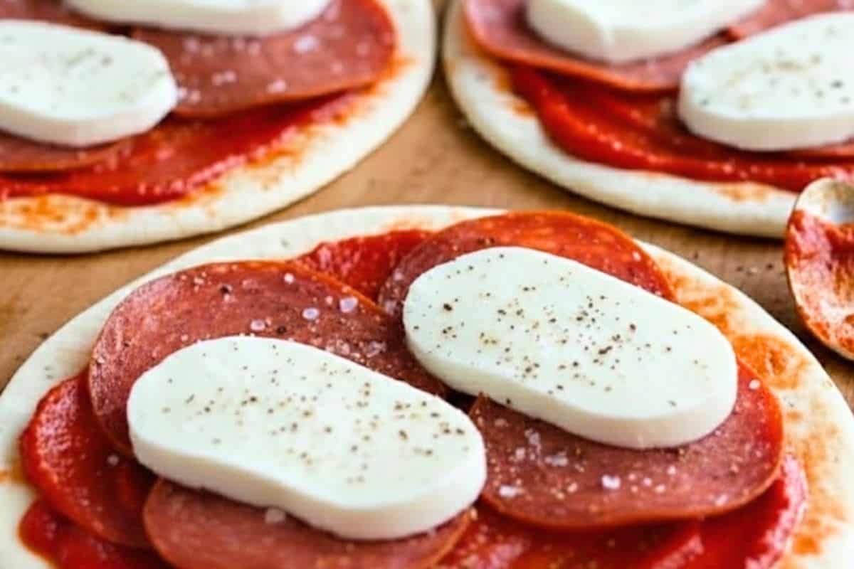 Top four of the bases with pepperoni and mozzarella, seasoning with salt or pepper  - 5