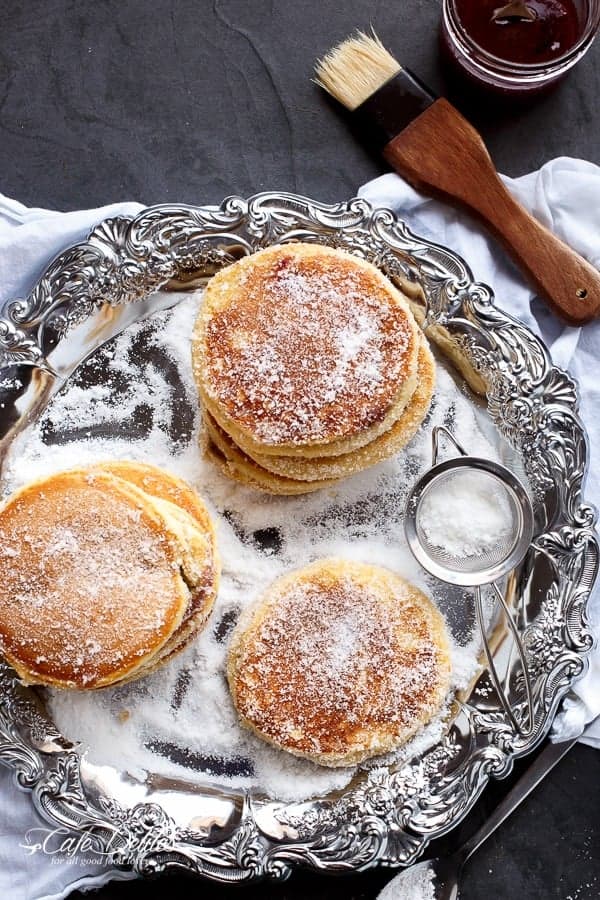 Jam (Jelly) Donut Pancakes | https://cafedelites.com