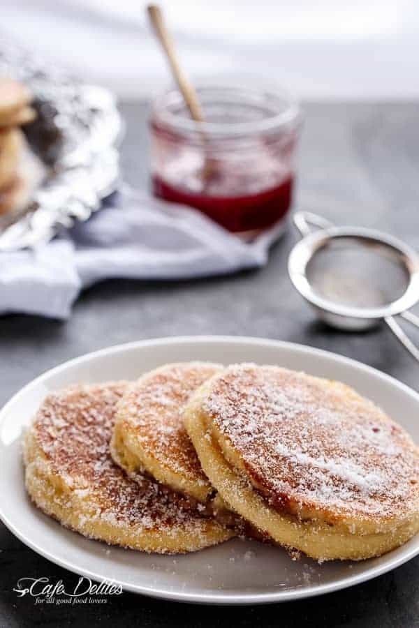 Jam (Jelly) Donut Pancakes | https://cafedelites.com