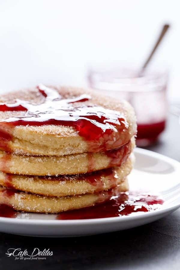 Jam (Jelly) Donut Pancakes | https://cafedelites.com