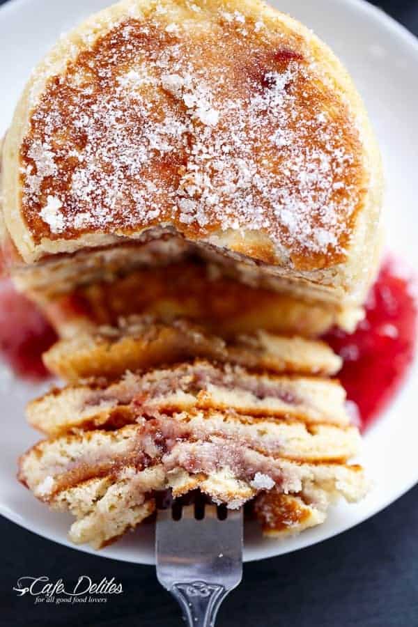 Jam (Jelly) Donut Pancakes | https://cafedelites.com