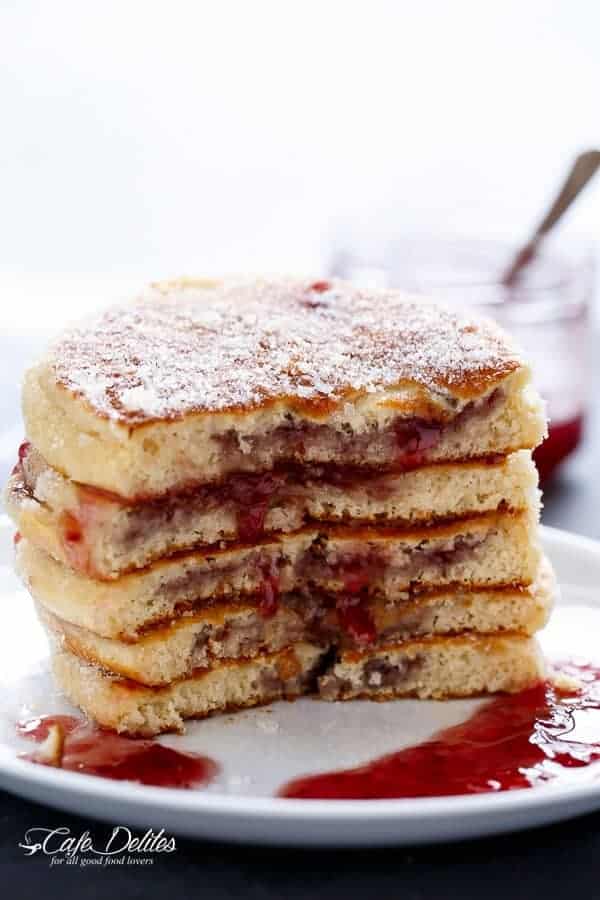 Jam (Jelly) Donut Pancakes | https://cafedelites.com