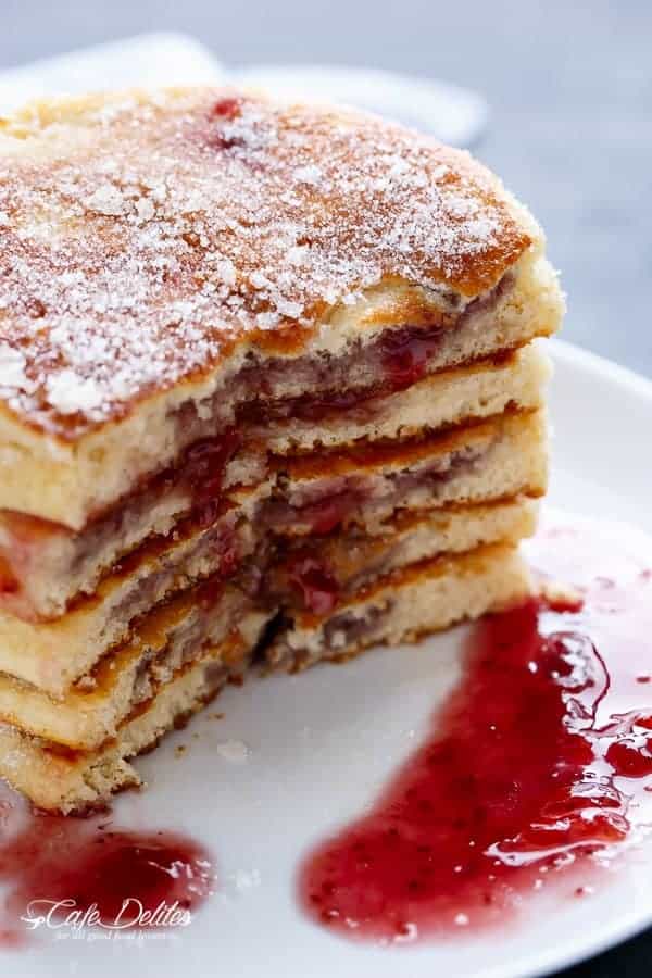 Jam (Jelly) Donut Pancakes | https://cafedelites.com