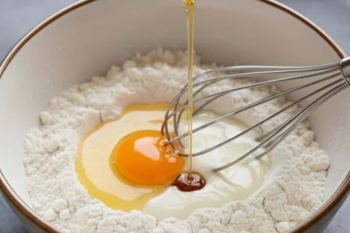 Whisk together flour, baking powder, and salt. Create a well in the center and add melted butter, egg, vanilla, and milk