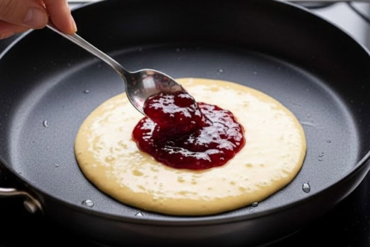  Pour a little less than ¼ cup of batter onto the pan and spread into a round. Spoon 1 teaspoon of jam in the center