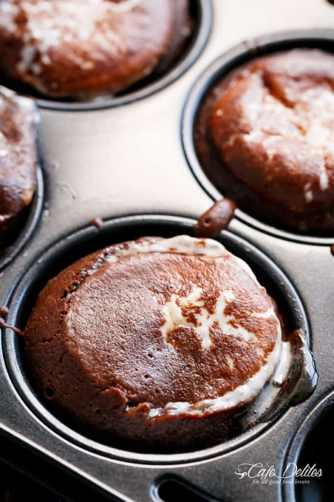 Chocolate Molten Lava Cakes with melted gooey marshmallow in the centre Chocolate Lava Cakes