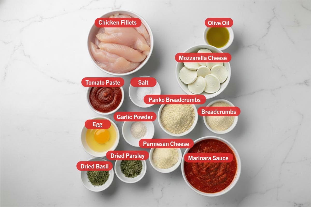 Top shot of ingredients: chicken fillets, tomato paste, salt, olive oil, mozzarella cheese, egg, garlic powder, panko breadcrumbs, breadcrumbs, dried basil, dried parsley, parmesan cheese, and marinara sauce. - 2